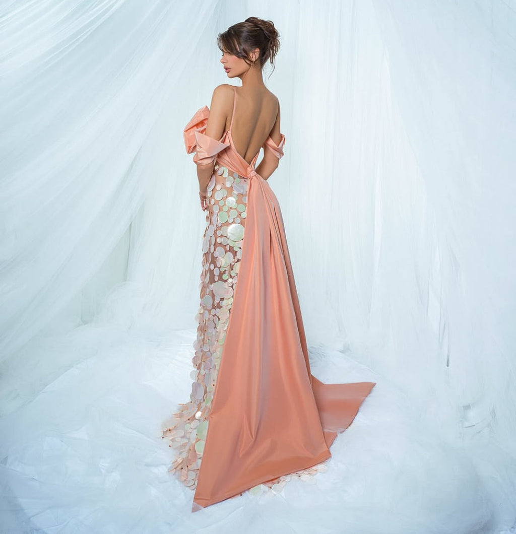 Peach Sequin Taffeta Bow Gown