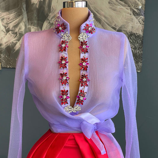 Lilac Organza  Shirt & Red Satin Skirt