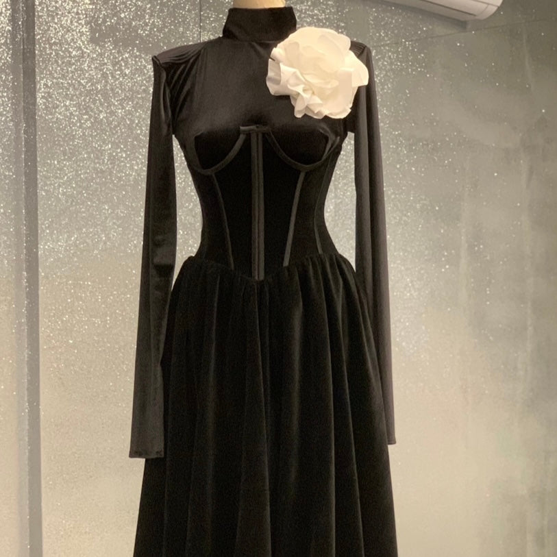 Black Velvet Gown with a White Rose