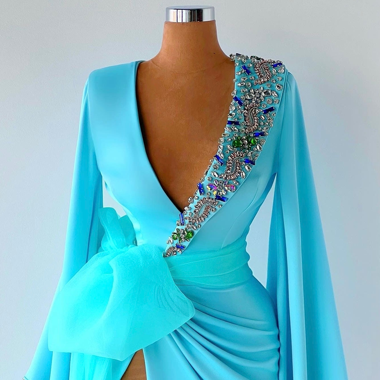 Baby Blue Satin Gown Crystals Details