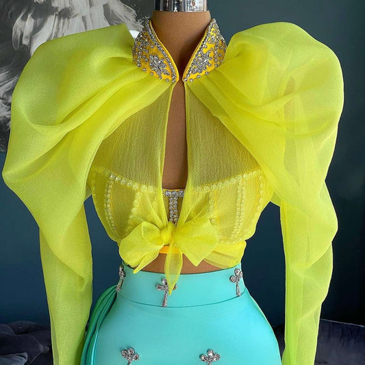 Yellow Organza Shirt & Mint Skirt Set