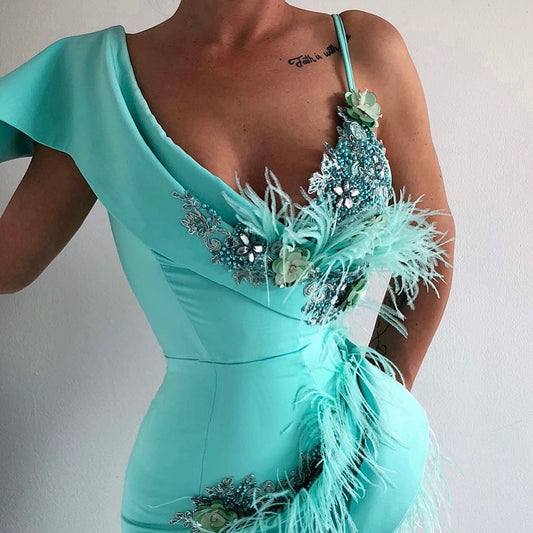 Turquoise Embroidered Feathers Gown