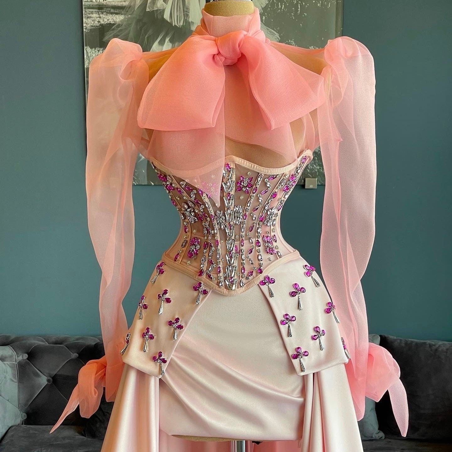 Pink Organza & Crystals Corset Gown