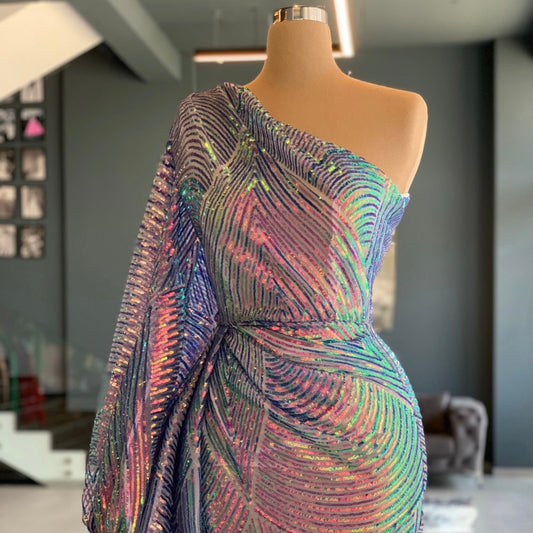 One Shoulder Holographic Gown