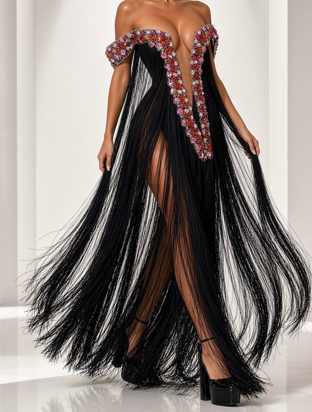 Crystal Embellished Fringes Gown