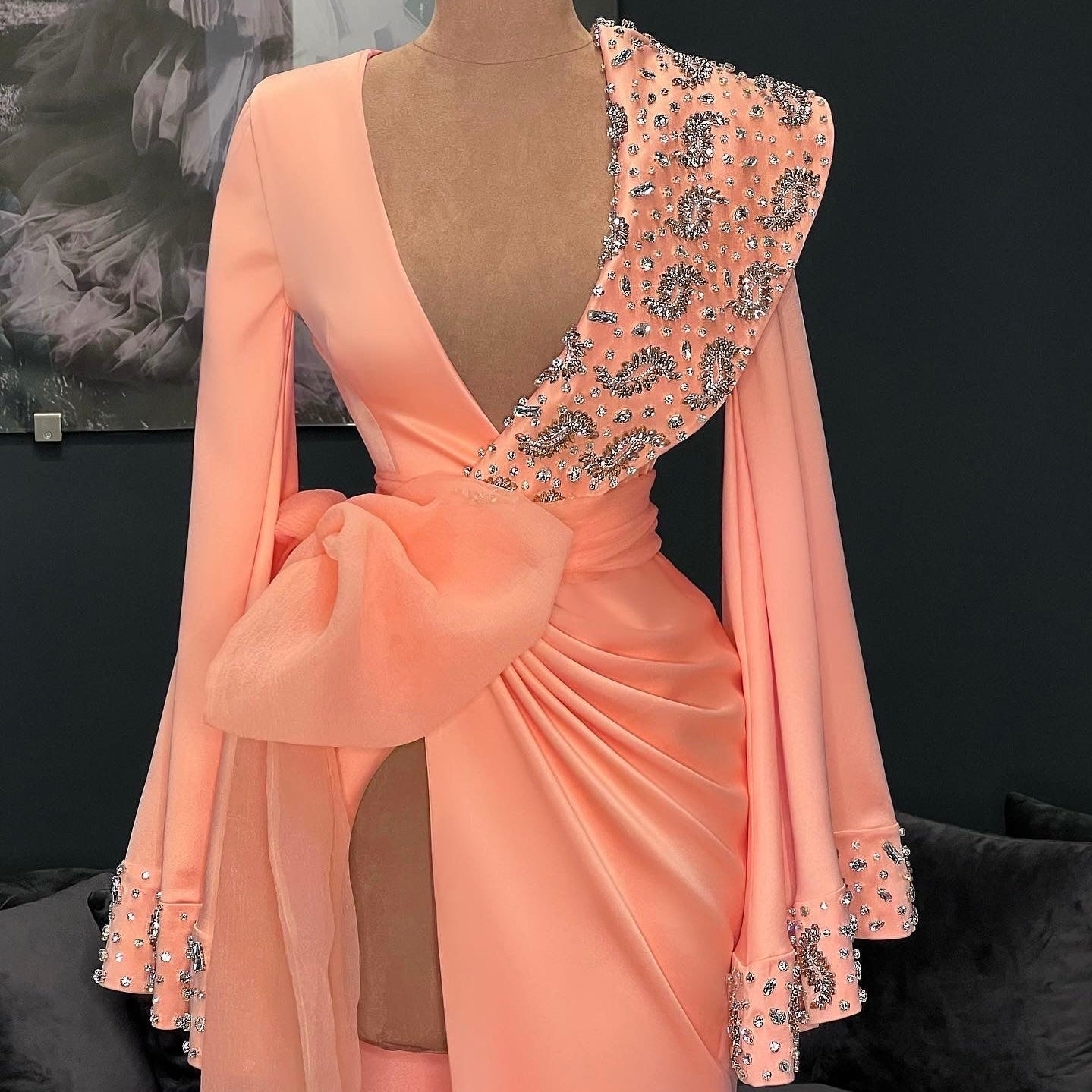 Peach Satin Gown Crystals Details