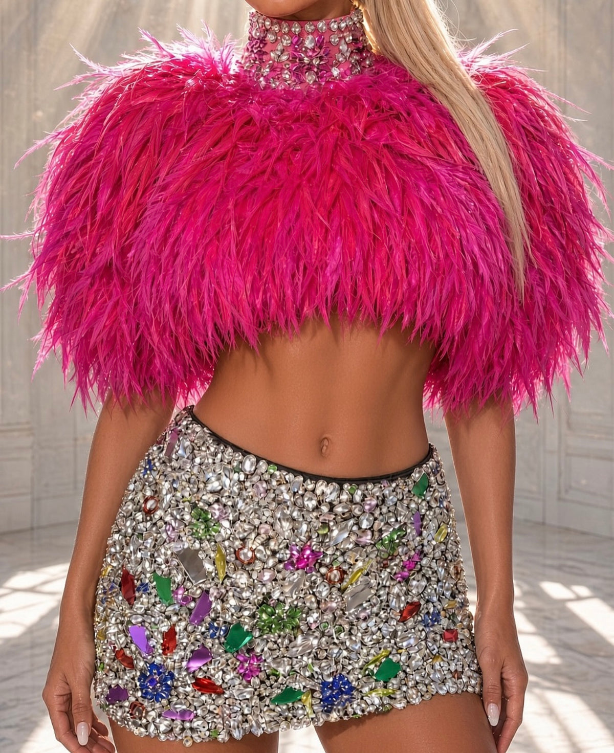 Hot Pink Feather Top & Crystal Skirt