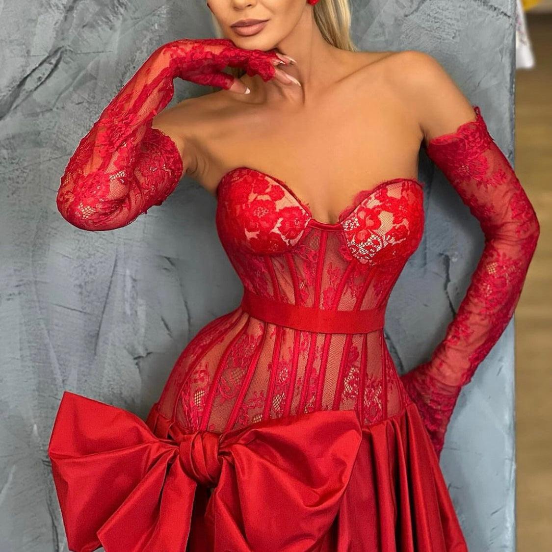 Red Bow Taffeta and Lace Gown