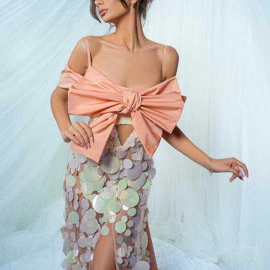 Peach Sequin Taffeta Bow Gown