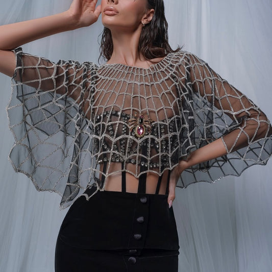 Spider Web Top & Velvet Buttoned Skirt