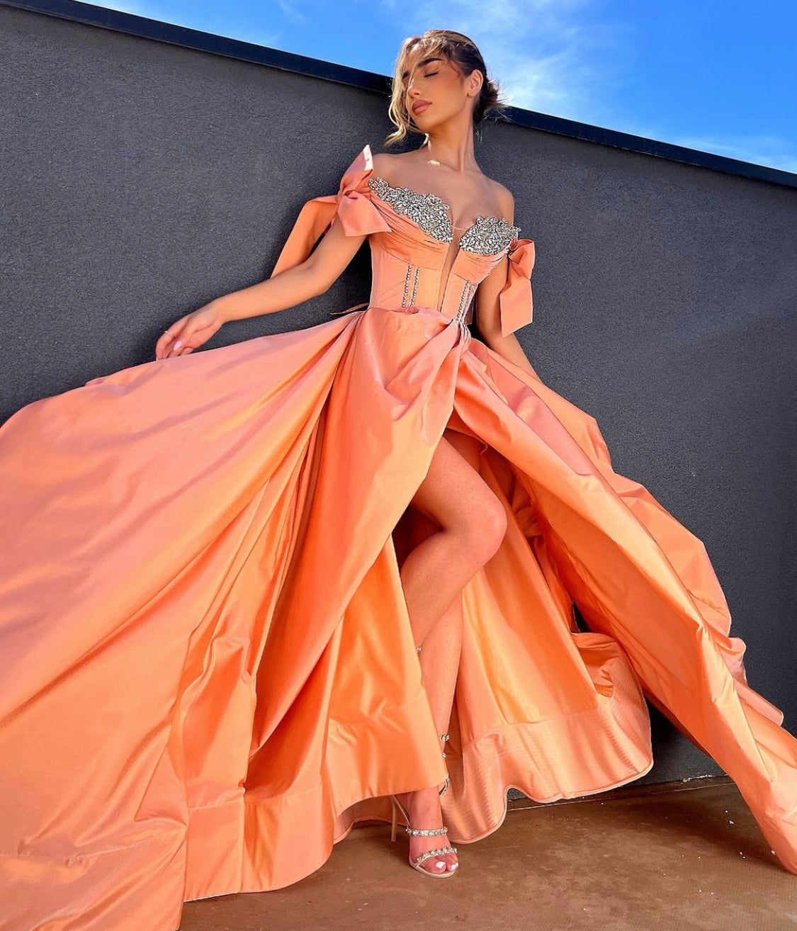 Peach Taffeta Gown with Silver Details