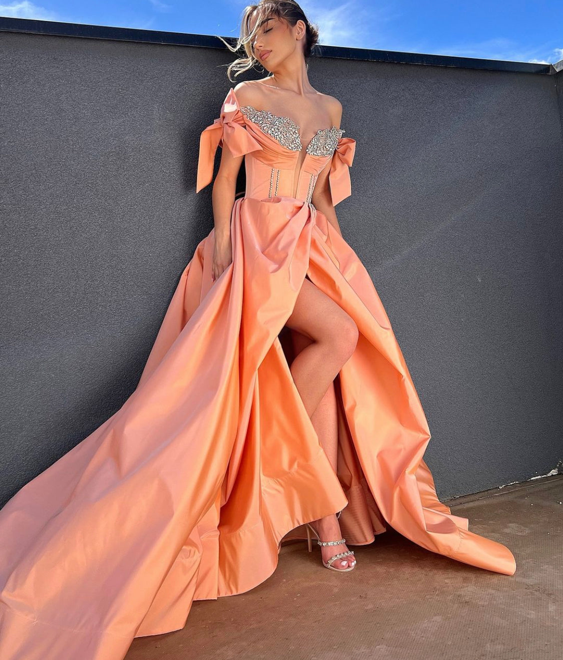 Peach Taffeta Gown with Silver Details