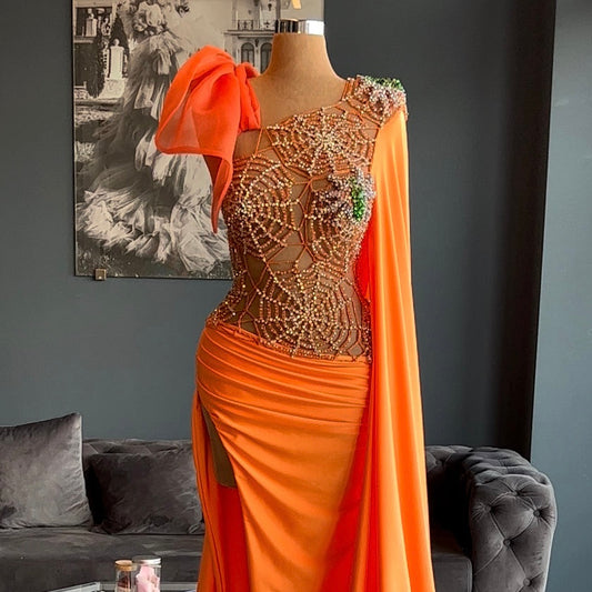 Spider Web Embellished Orange Gown