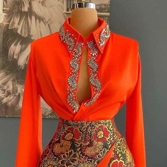 Orange Satin Shirt & Brocade Floral Skirt Short Set