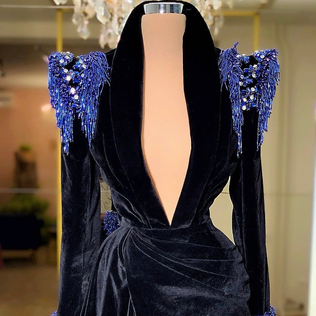 Black Velvet & Royal Blue Details Gown Dona Matoshi Black Velvet & Royal Blue Details Gown Dona Matoshi