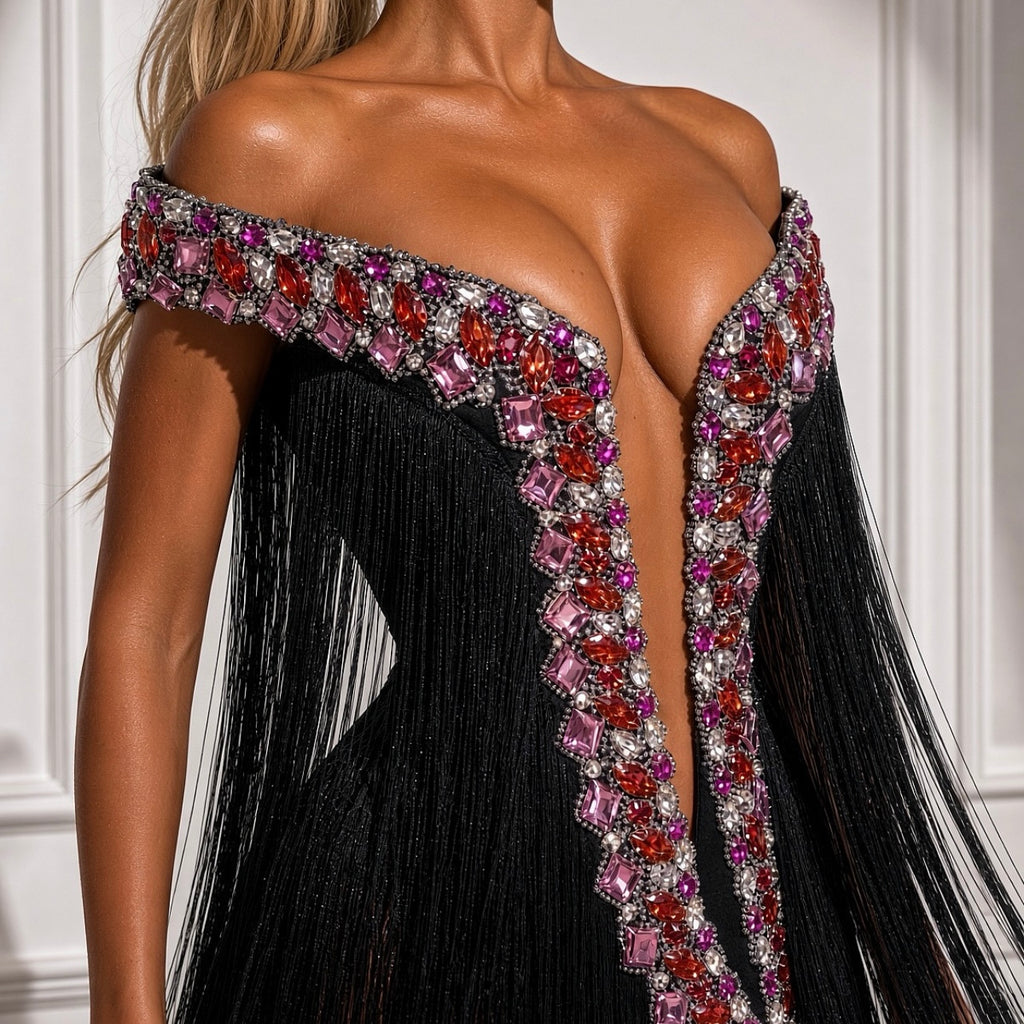 Crystal Embellished Fringes Gown