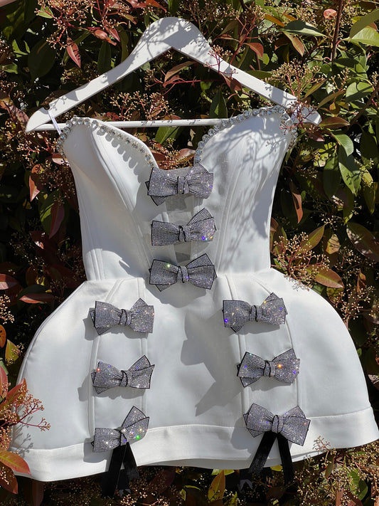 Cute White Crystal Ribbon Dress