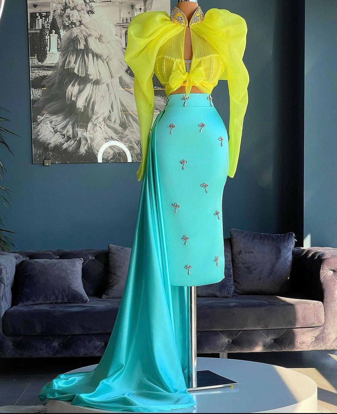 Yellow Organza Shirt & Mint Skirt Set