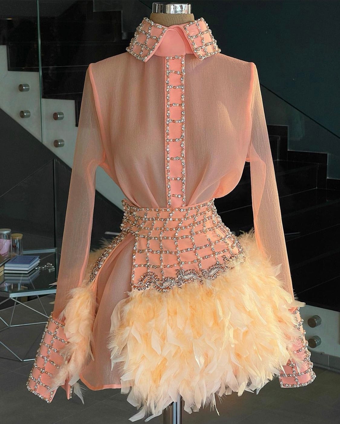 Crystals Embroidered Peach Set