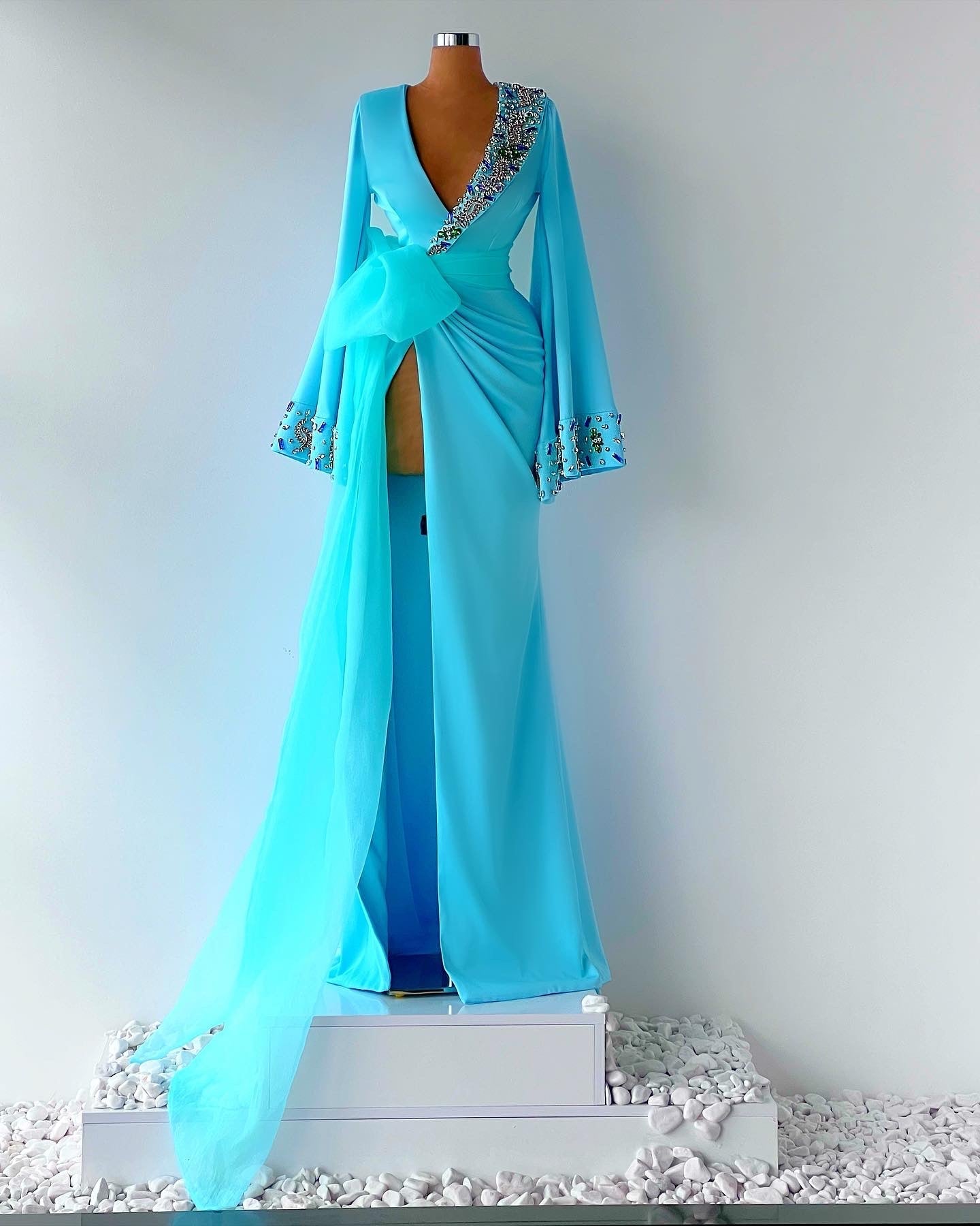 Baby Blue Satin Gown Crystals Details