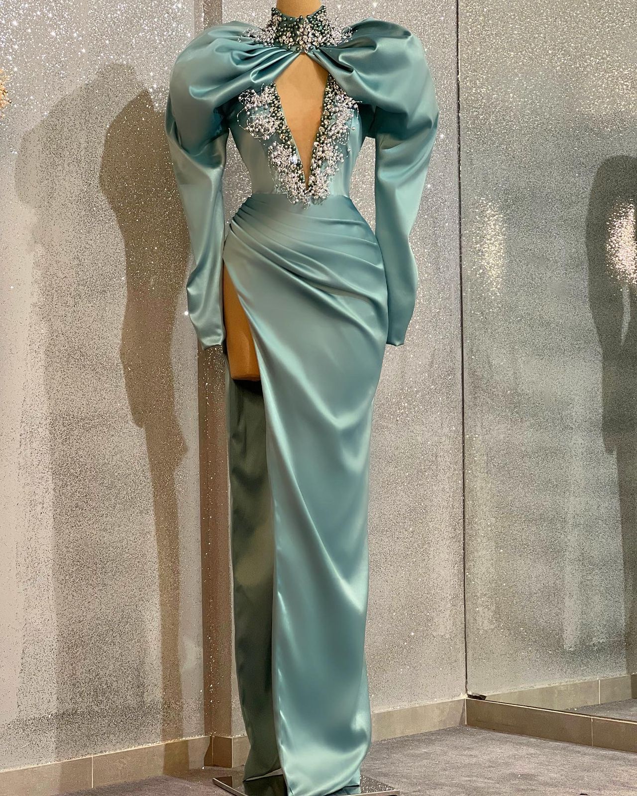 Olive Satin Gown with Puffy Sleeves