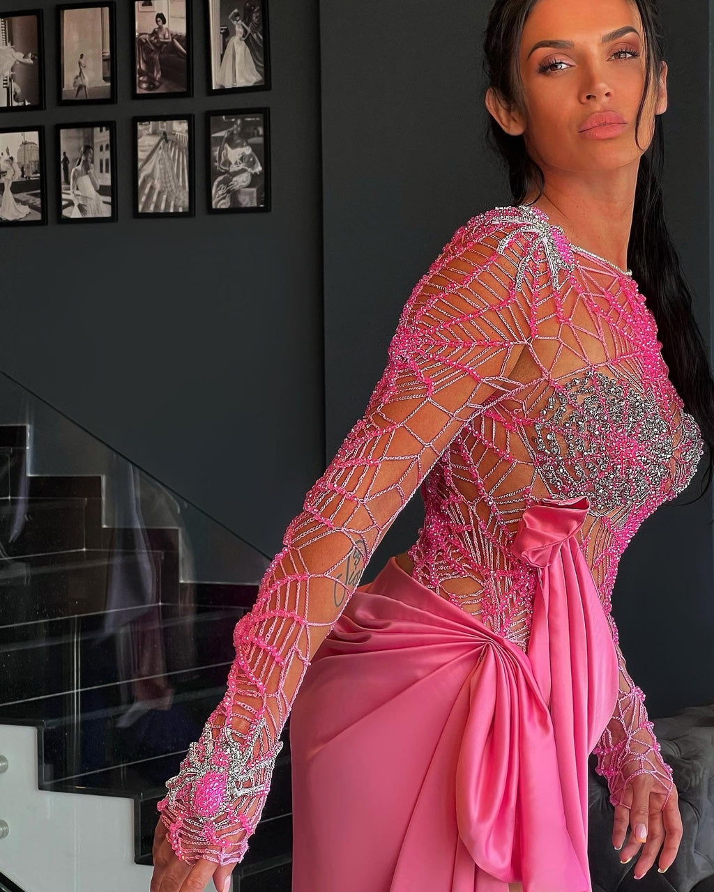 Spider Web Embellished Pink Gown