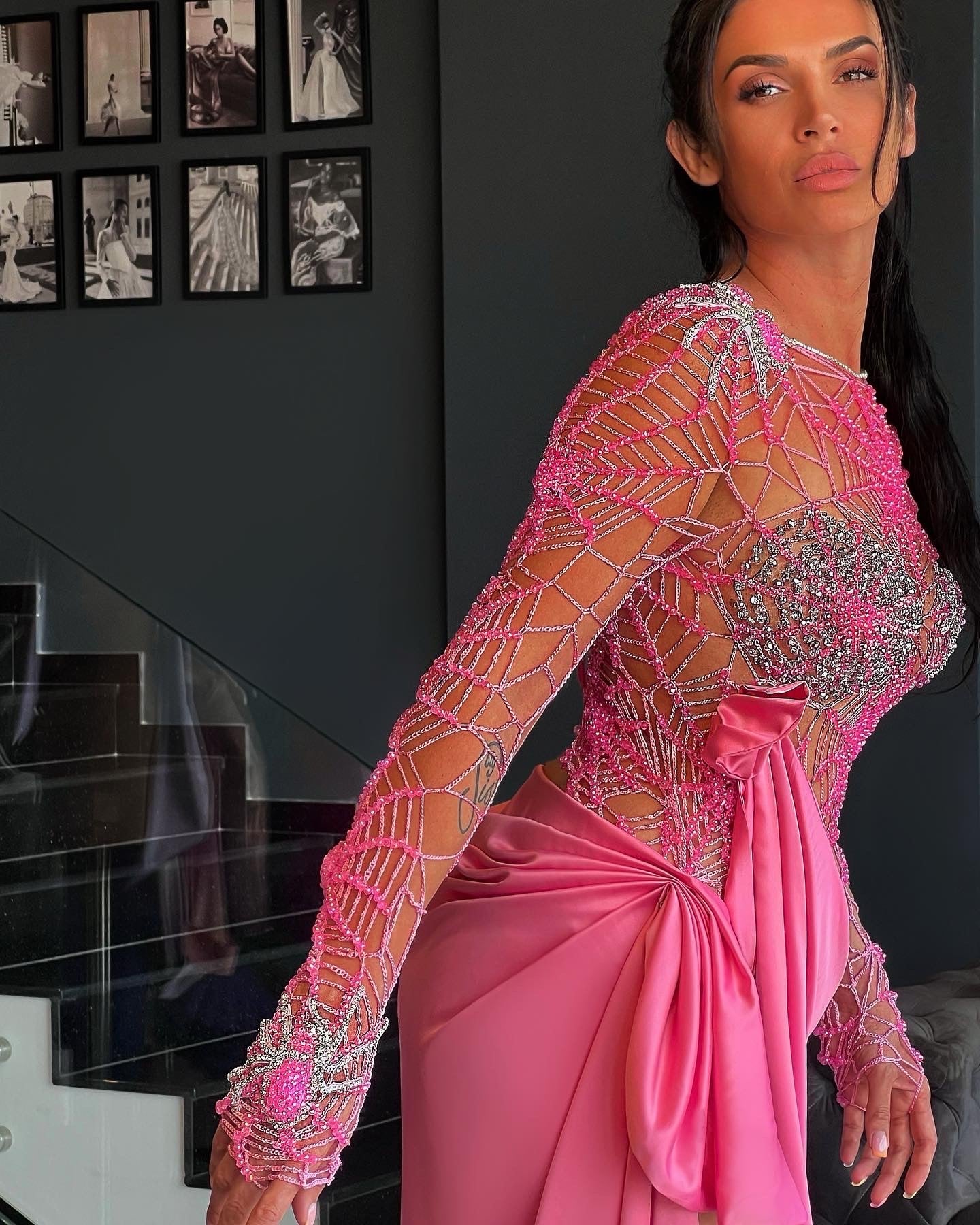 Spider Web Embellished Pink Gown