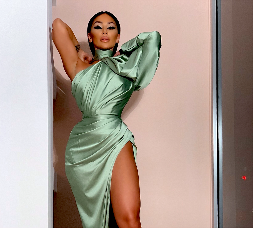 Shiny Olive Green Dress with Puffy Sleeve