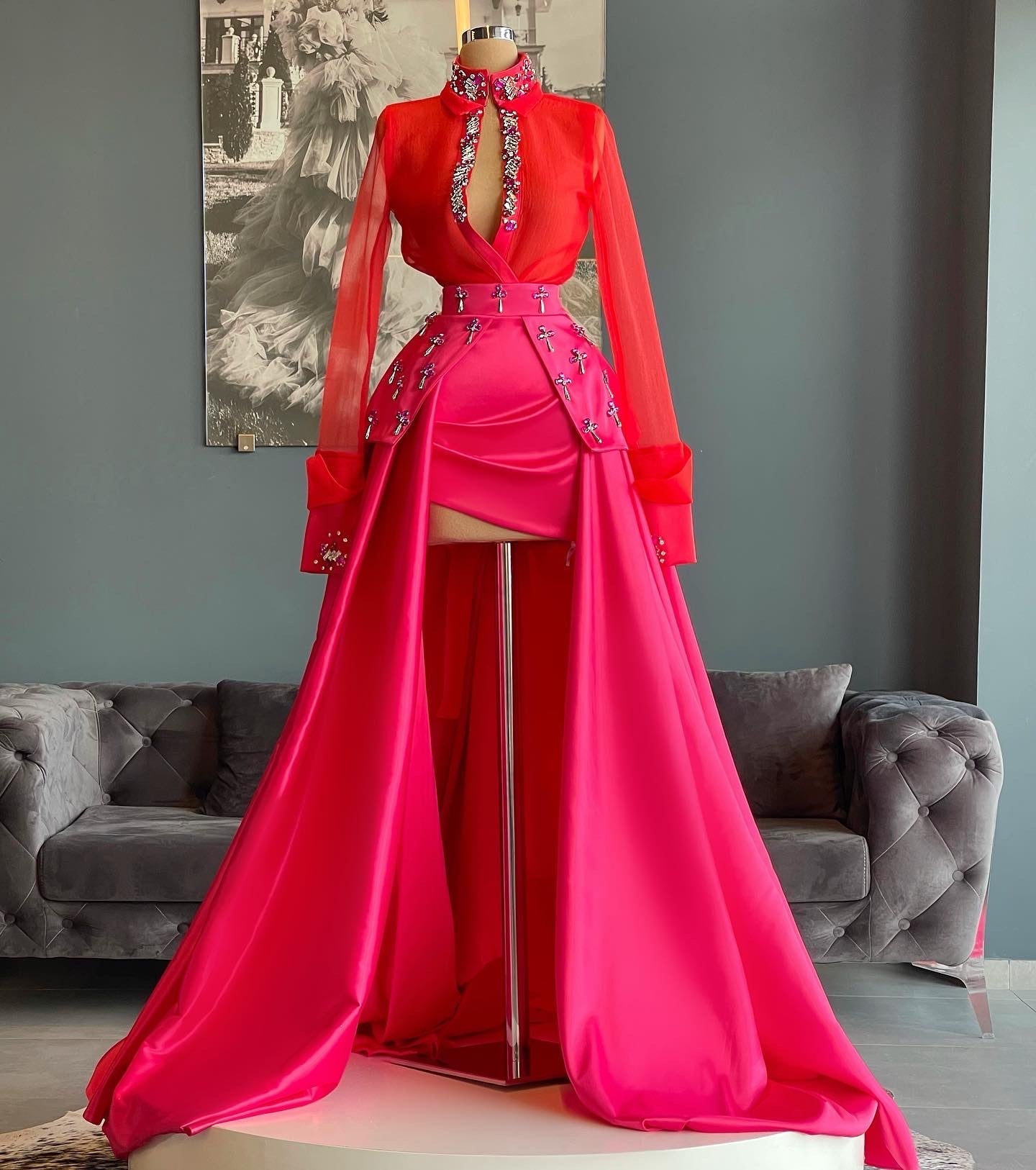 Organza Red Shirt & Pink Satin Gown