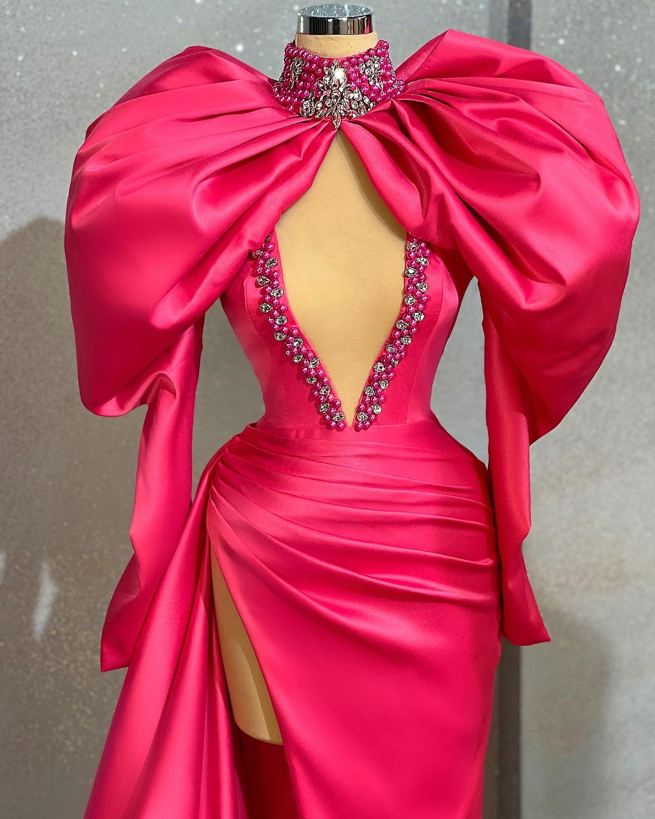 Hot Pink Satin Puffy Sleeves Gown