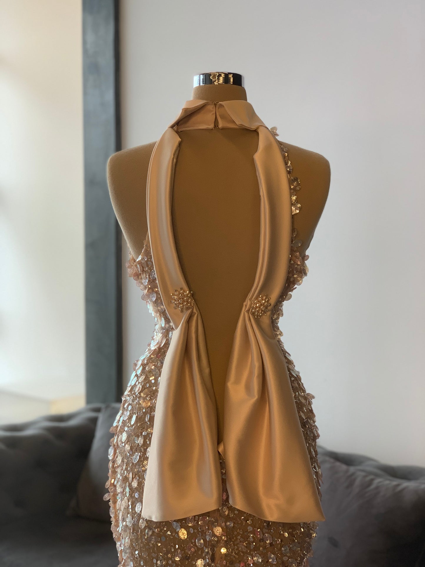 Nude Sequin Open Back Elegant Gown