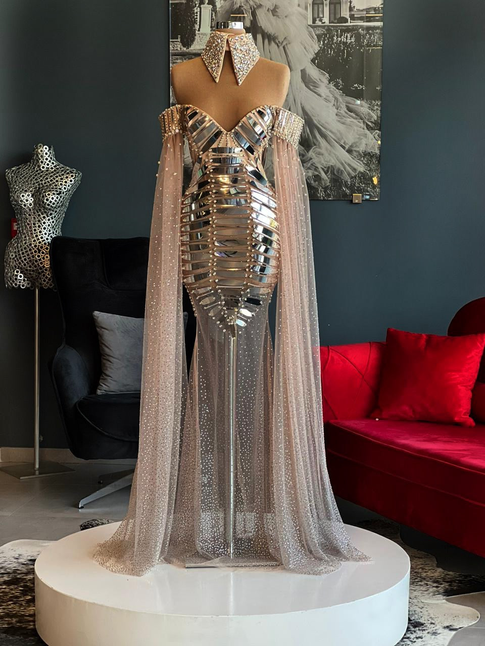 Nude & Silver Crystals Gowni