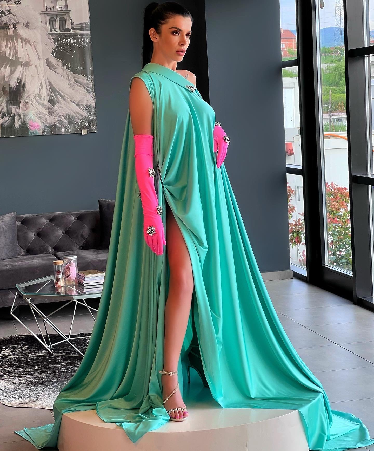 Mint Silk Gown & Pink Crystals Gloves – Dona Matoshi