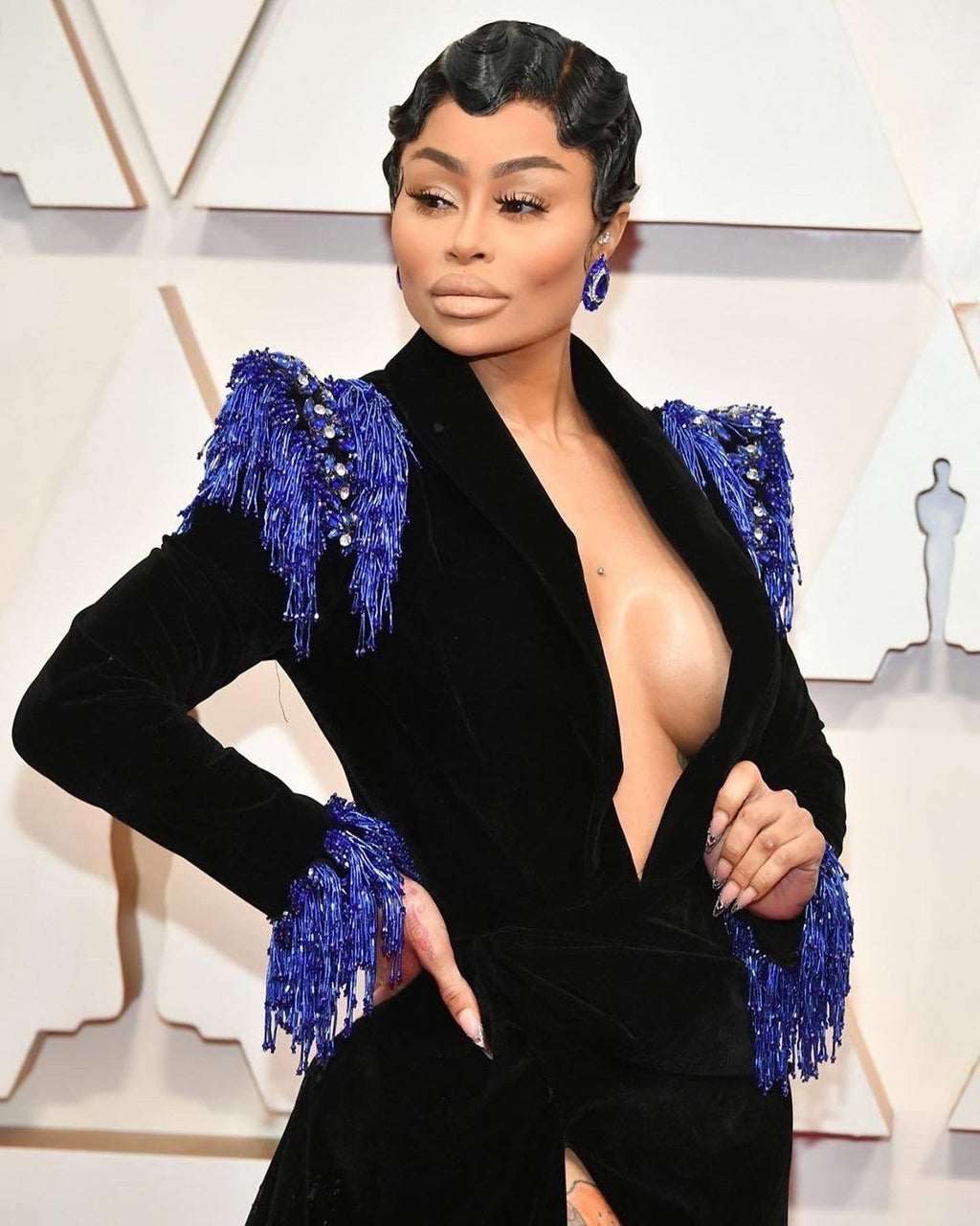 Black Velvet & Royal Blue Details Gown