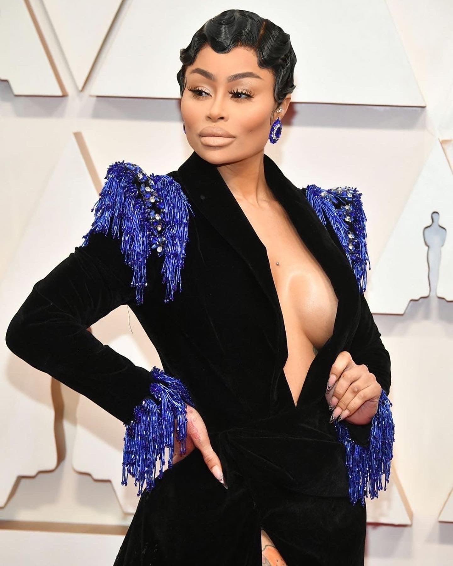 Black Velvet & Royal Blue Details Gown