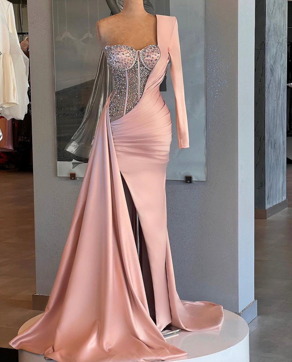 Nude One Shoulder Gown & Embellished Corset