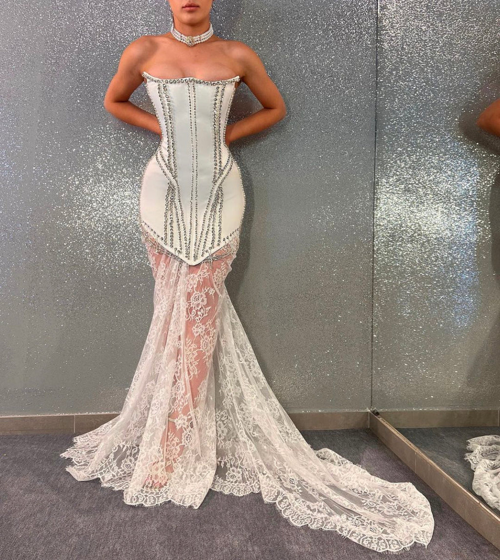 White Embellished Corset & Lace Wedding Gown – Dona Matoshi