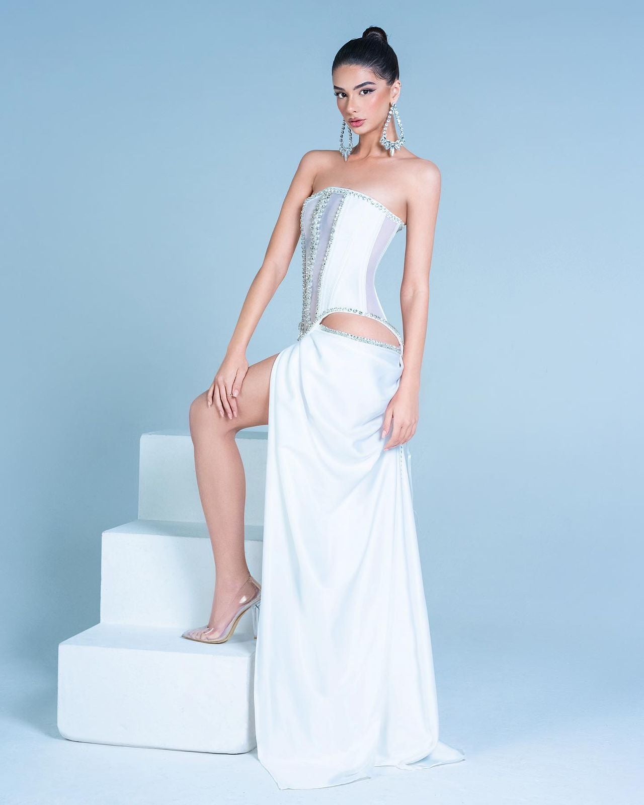 White Embellished High Front Slit Gown