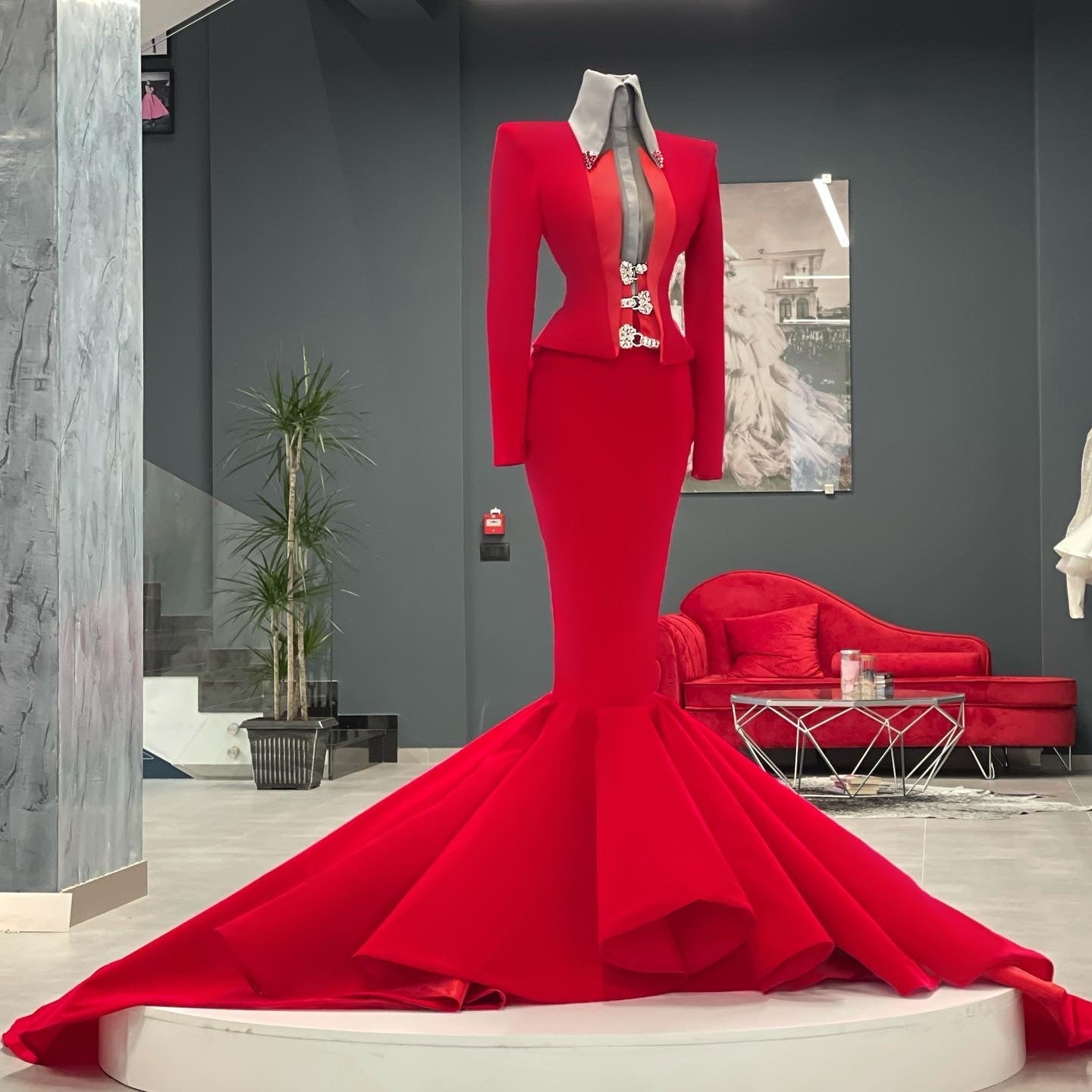 Red Velvet Gown Gray Shirt