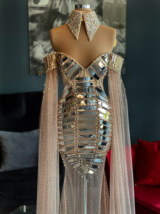 Nude & Sliver Crystals Gown