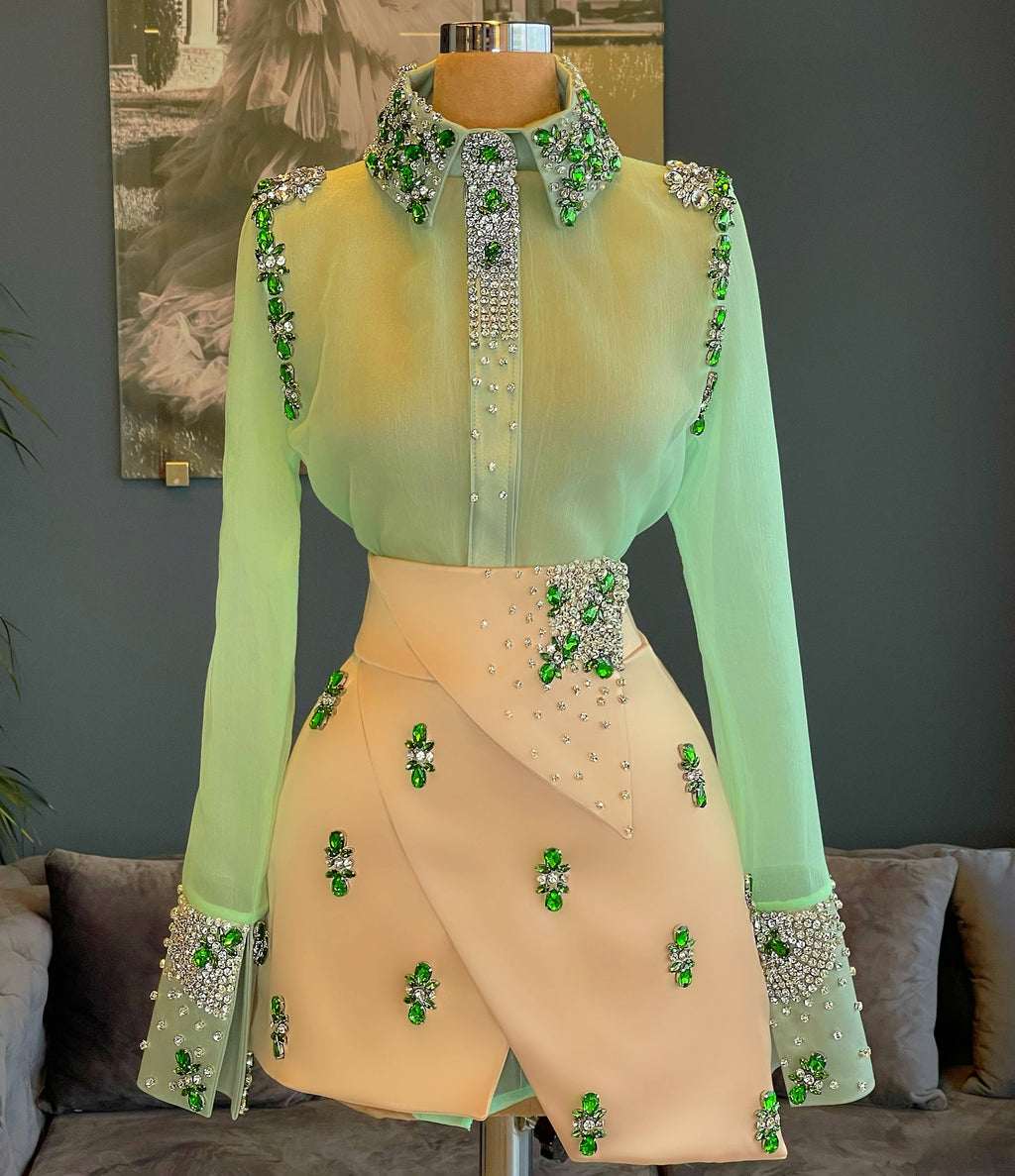 Olive Organza Shirt Nude Crystals Skirt