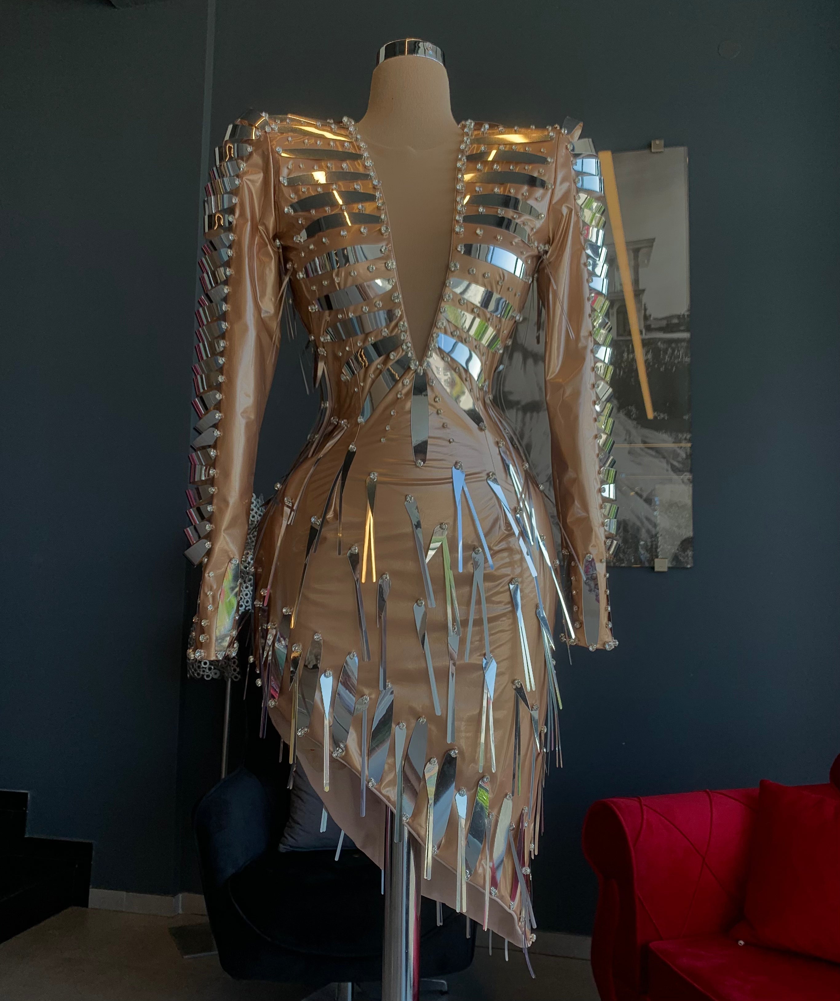 Nude Latex Embellished Short Dress