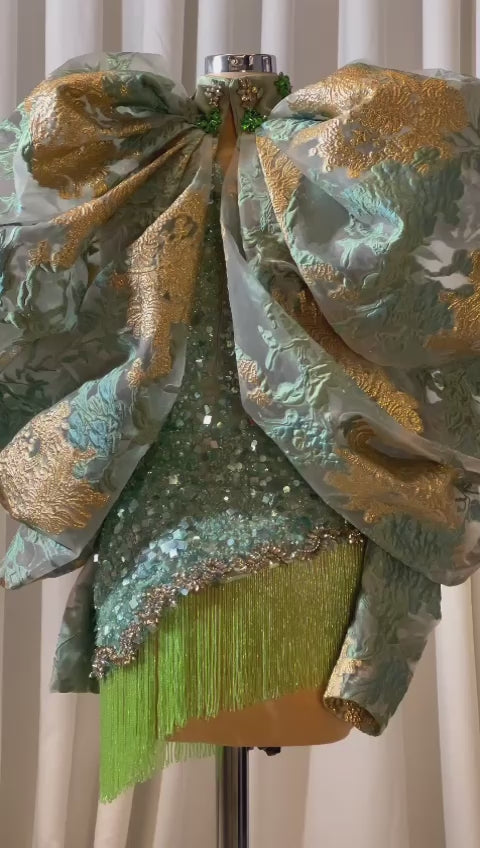 Green Brocade Sleeves Sequin Dress