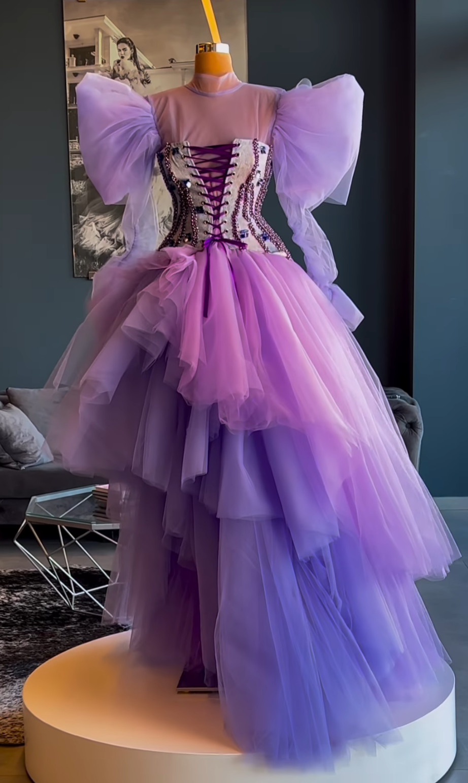 Denim Embellished Corset on Purple Tulle Gown