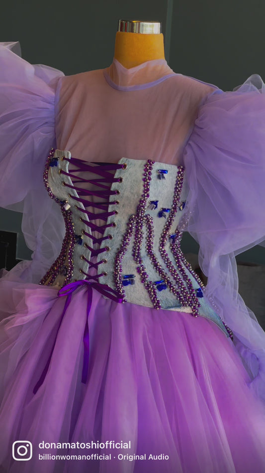 Denim Embellished Corset on Purple Tulle Gown