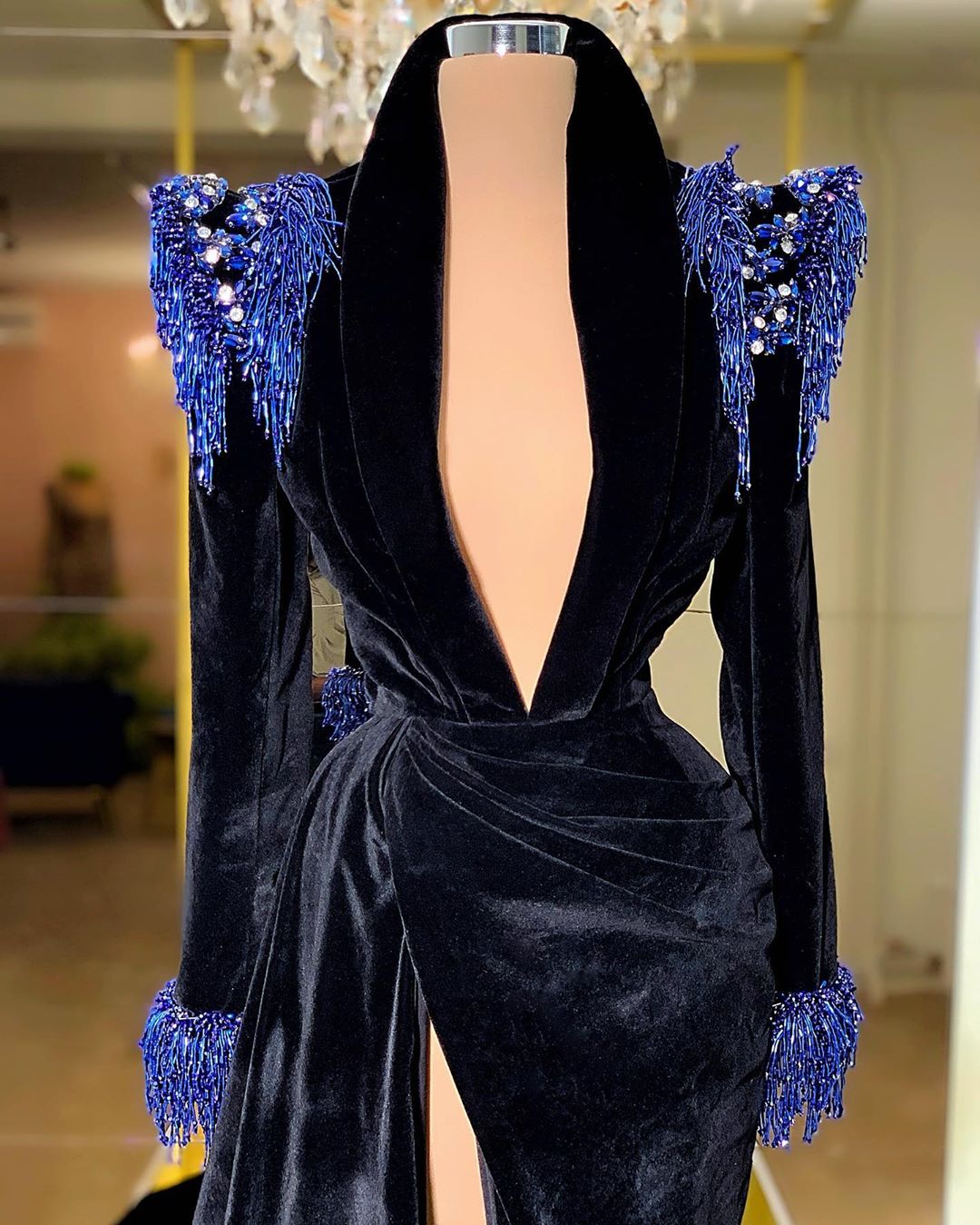 Black Velvet & Royal Blue Details Gown