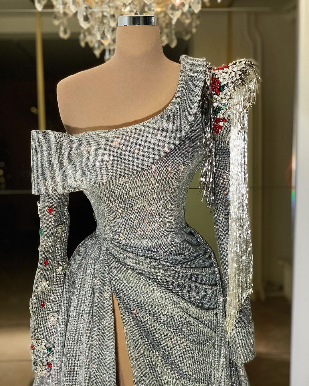 Beaded Sleeves Off Shoulder Sparkly Gown