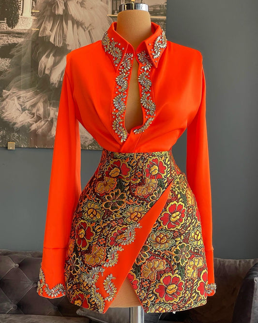 Orange Satin Shirt & Brocade Floral Skirt