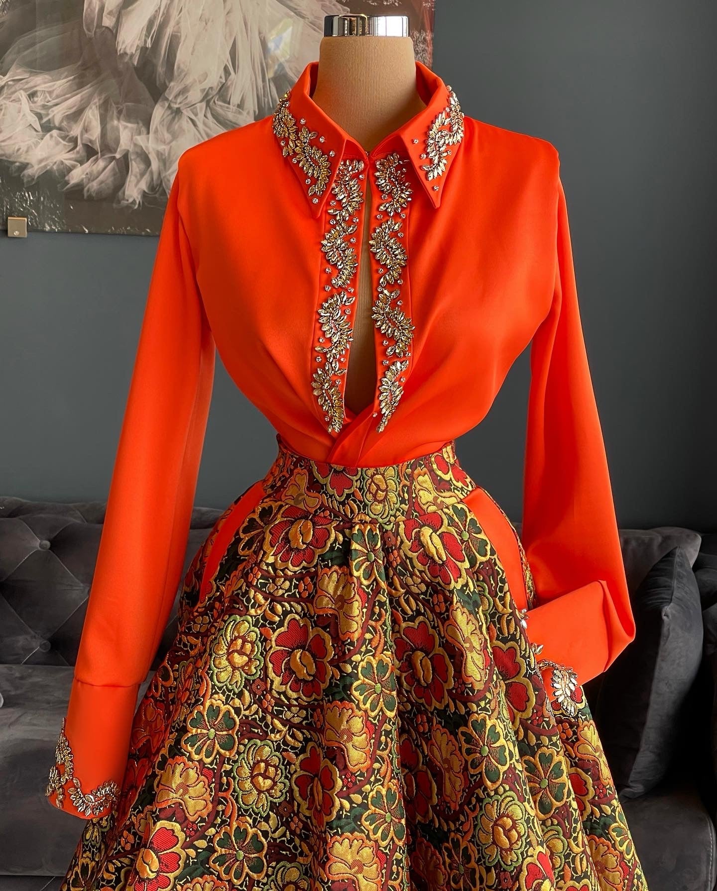 Orange Satin Shirt & Brocade Floral Gown – Dona Matoshi