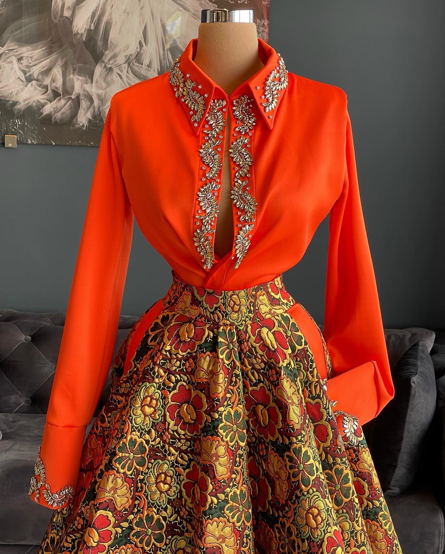 Orange Satin Shirt & Brocade Floral Gown
